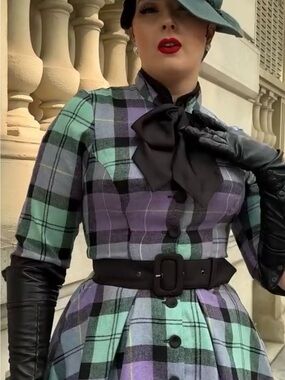 Miss Candyfloss -Plaid Purple Green Waistcoat with Black Scarf Detail